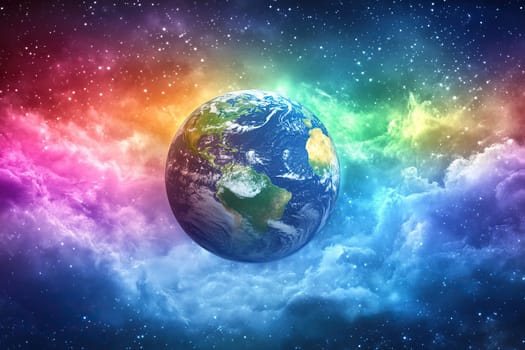 Rainbow shell around planet earth. Stars and clouds in the background.