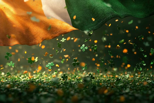 The Irish flag flutters against a backdrop of falling shamrocks
