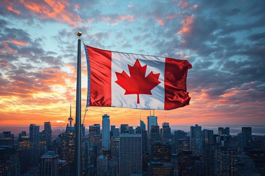 A huge Canadian flag flutters in the sky over a large city at sunset.
