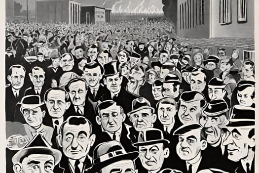men crowd people black white illustration generated ai alt retro vintage . High quality illustration