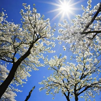 trees spring white blossom nature blue sky background illustration brunch sun lights generated ai alt