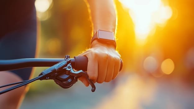 Close up of cyclist hand holding handlebar on bicycle handlebar with smartwatch during sunset.