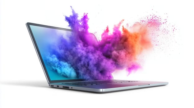 Modern laptop emitting colorful smoke on white background, concept of creativity and imagination.