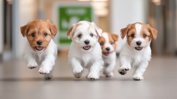 Four jack russell terrier puppies running towards the camera