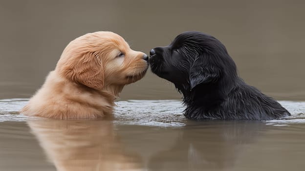 Golden retriever and black labrador puppies kissing in the water, enjoying a playful moment of love and affection