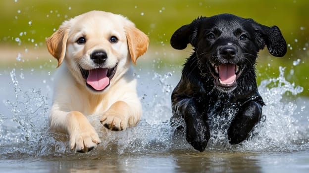 Two labrador retriever puppies running and splashing through water, enjoying a sunny day.