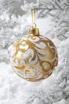 Christmas balls hang on the tree branches. Generative AI, holidays