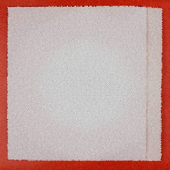 White frame with mosaic texture and uneven edges on a red mosaic background