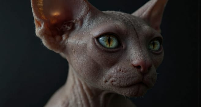 A cat with a green eye stares at the camera. The cat has a very smooth and shiny coat