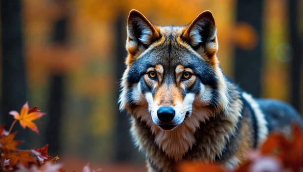 A wolf is standing in a forest with leaves on the ground. The wolf has a brown and black coat and a yellow eye. Scene is calm and peaceful, as the wolf is standing still and looking at the camera