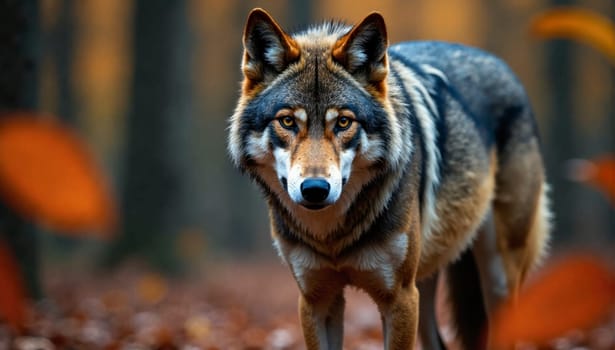 A wolf is standing in a forest with leaves on the ground. The wolf has a brown and black coat and a yellow eye. Scene is calm and peaceful, as the wolf is standing still and looking at the camera