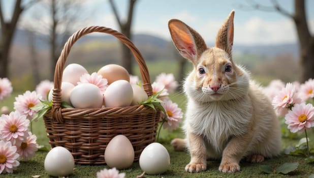 A rabbit is standing in front of a basket of eggs and flowers. The rabbit is looking at the camera with a curious expression. The basket of eggs and flowers creates a sense of springtime