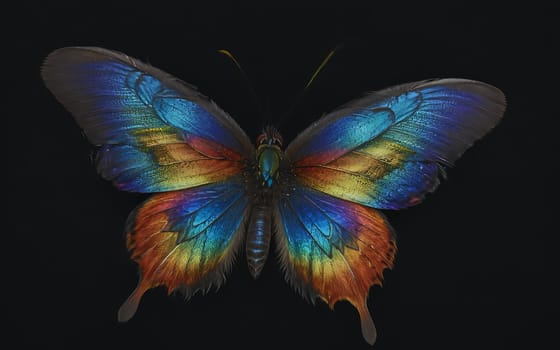 A colorful butterfly with a black body and blue wings. The butterfly is surrounded by a dark background