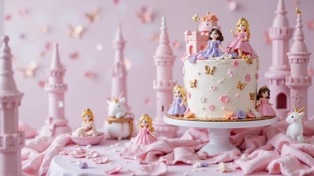 A cake with a castle and princesses on it. The castle is pink and purple and the princesses are wearing pink dresses