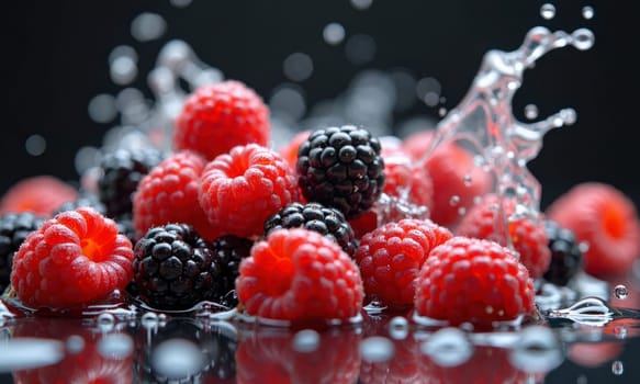 A close up of a bunch of raspberries and blackberries with water splashing around them