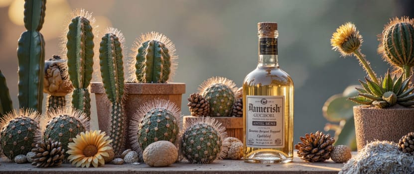 A bottle of Ramis sits on a table next to a bunch of cacti. The bottle is the only thing that is not green