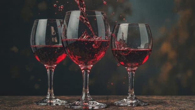 Three wine glasses with red liquid in them are on a table. The glasses are almost empty, with only a small amount of liquid left in them
