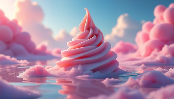 A pink frosted ice cream cone is floating in a pink sea. The sky is filled with pink clouds, creating a dreamy and whimsical atmosphere