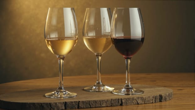 Three wine glasses are on a wooden table, each with a different color of wine. The glasses are arranged in a row, with the leftmost glass being white, the middle glass being red