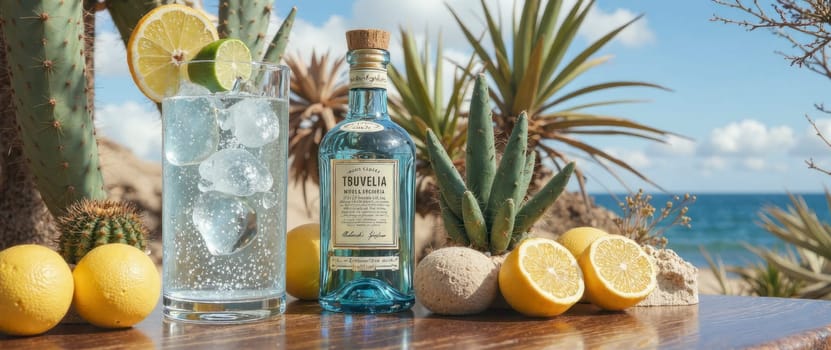 A bottle of blue liquor is next to a glass of ice water with a lime wedge in it. The bottle is labeled "Trujillo" and the image is set against a backdrop of a beach and palm trees