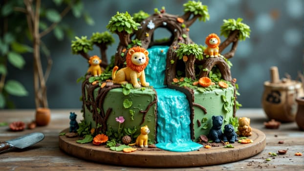A cake with a waterfall and animals on it. The cake is green and brown. The animals are lions and bears