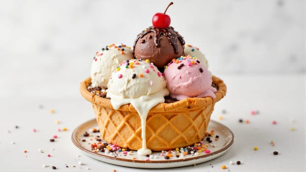 A bowl of ice cream with a cherry on top and sprinkles. The bowl is filled with four different flavors of ice cream