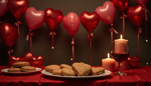 A candle is lit on a table with a plate of cookies and a glass of wine. The table is set for a romantic dinner with a heart-shaped tablecloth and balloons in the background