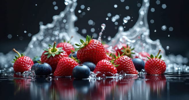 A bunch of strawberries and blueberries are floating in water. The water is splashing and the fruits are floating on top of it