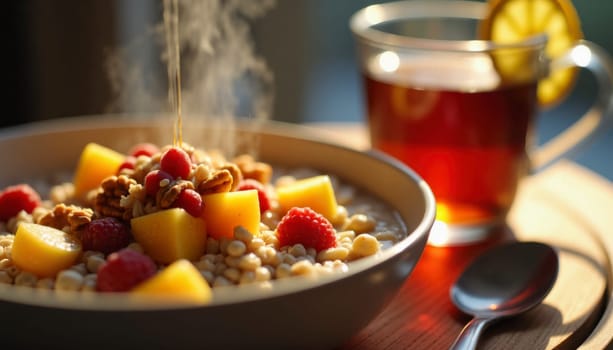 A bowl of cereal with fruit and a cup of tea. The bowl is on a wooden table, and there is a spoon nearby
