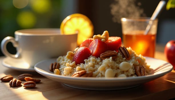 A bowl of cereal with fruit and a cup of tea. The bowl is on a wooden table, and there is a spoon nearby