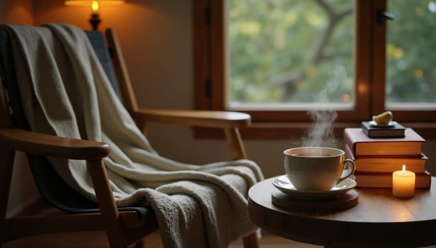 A cozy living room with a white chair, a table with a cup of tea, a book, and a candle. The atmosphere is warm and inviting