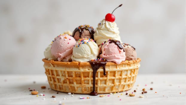 A bowl of ice cream with a cherry on top and sprinkles. The bowl is filled with four different flavors of ice cream