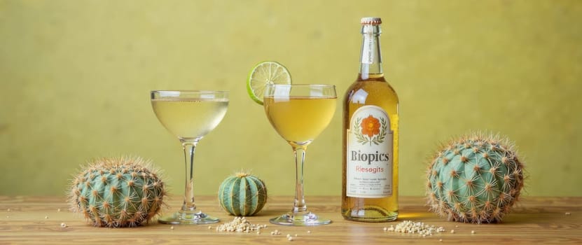 A bottle of Dopies sits on a table next to two glasses. The bottle is labeled with a white label and the glasses are filled with a clear liquid. Concept of sophistication and elegance, as the glasses