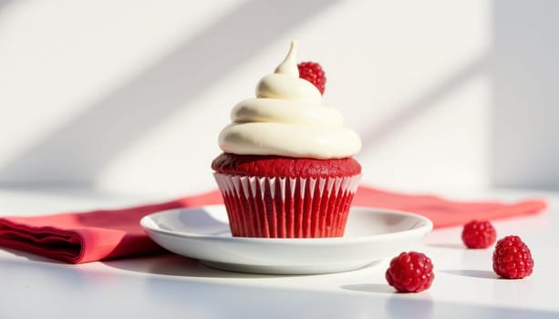 A delicious red cupcake with a white frosting and a cherry on top is placed on a white plate. The cupcake is sitting on a table, and the plate is positioned on top of a white cloth
