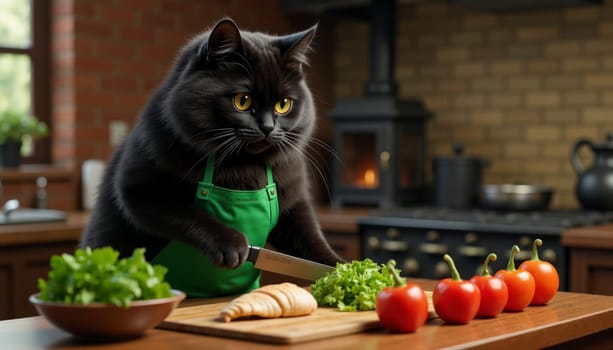 A cat wearing an apron is cutting up vegetables on a cutting board. The cat is wearing a green apron and he is in a kitchen setting