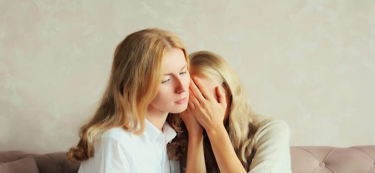 Upset offended caucasian middle aged mother or sister and adult daughter together sitting on couch at home