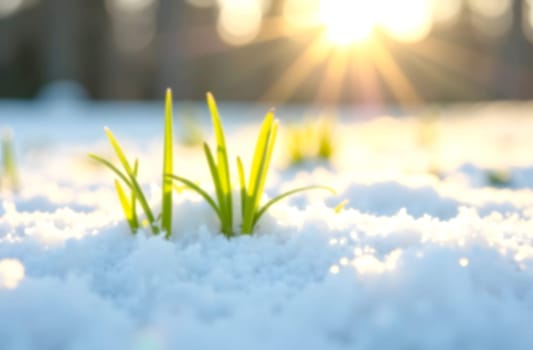 Fresh green grass breaks through a blanket of snow, illuminated by the early morning sunlight creating a serene winter landscape. Blurred picture.