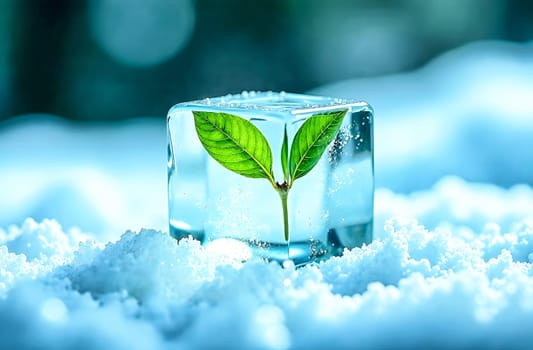 A small green plant is growing from a clear ice cube resting on white snow, highlighting nature's resilience in a changing climate.