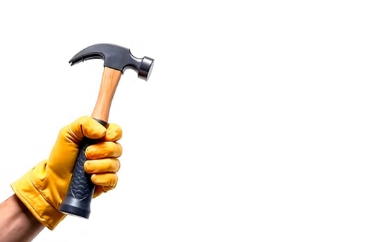 A hand wearing a yellow glove grips a hammer, poised for work on a construction or repair task, demonstrating readiness and focus.