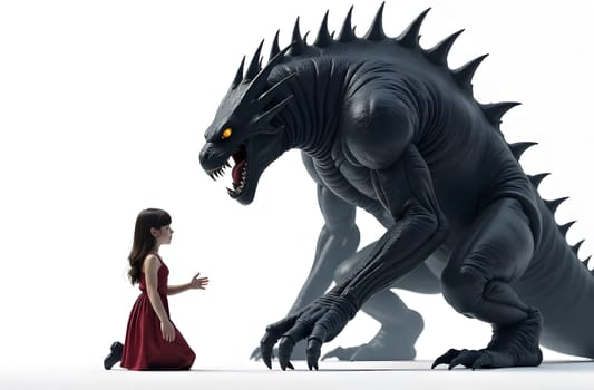 A child in a red dress kneels before a large, menacing monster, symbolizing the confrontation of fears and the complexities of growing up.