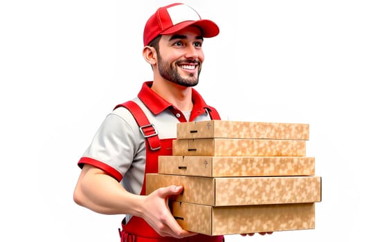 A cheerful pizza delivery guy in a red uniform carries several pizza boxes, ready to make deliveries in a lively urban setting.