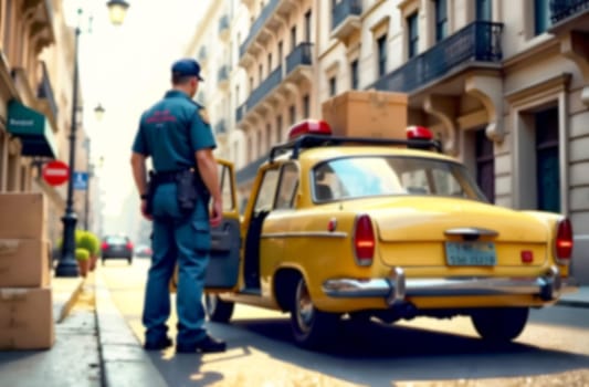 A courier in a cartoon style engages with a police officer on a lively urban street while navigating delivery boxes and a yellow car. Blurred picture.