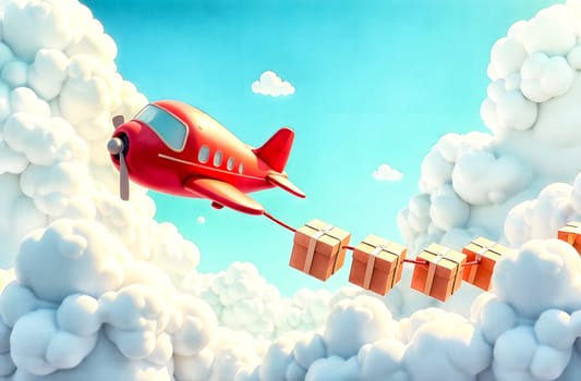 A small red airplane drags cargo boxes across a bright, fluffy sky filled with clouds, representing fast and reliable delivery.