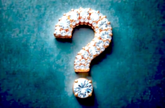A glittering question mark made of gemstones rests against a textured dark background, highlighting complexities and misunderstandings.. Blurred picture