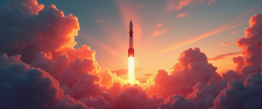 A rocket is launching into the sky, surrounded by clouds. The sky is a mix of orange and pink hues, creating a warm and vibrant atmosphere. The rocket is the main focus of the image