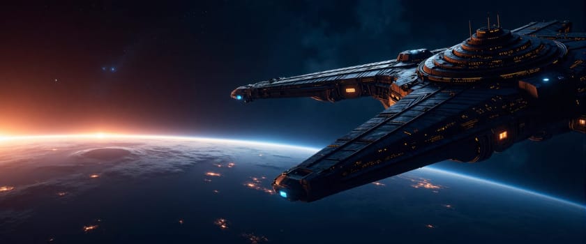 A large space ship is flying through the sky above a planet. The ship is surrounded by a bright orange glow, which gives the scene a sense of adventure and excitement