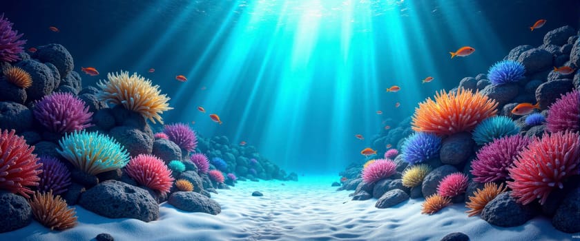 A colorful underwater scene with a rocky bottom and a variety of fish swimming around. The bright colors of the coral and fish create a lively and vibrant atmosphere