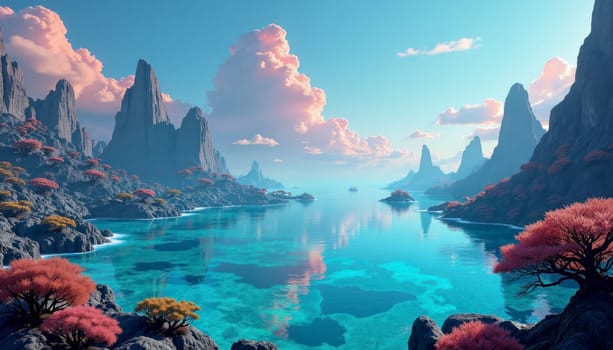 A beautiful landscape with a body of water and mountains in the background. The water is calm and clear, and the mountains are covered in trees. The scene is serene and peaceful, with the trees