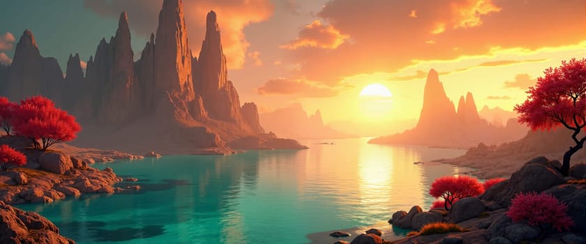A beautiful sunset over a body of water with mountains in the background. The sky is filled with clouds and the sun is setting, creating a warm and peaceful atmosphere