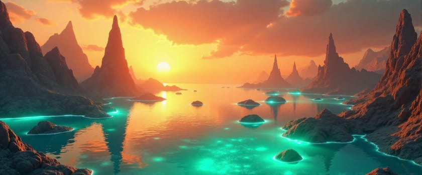 A beautiful sunset over a body of water with mountains in the background. The sky is filled with clouds and the sun is setting, creating a warm and peaceful atmosphere